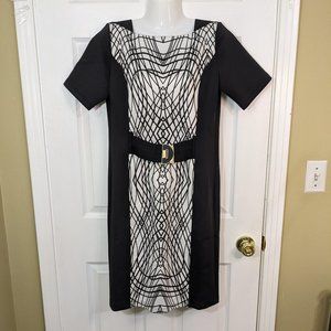 Marisa Kenson Black White Geometric Color Block Stretch Midi Dress - size S NWT